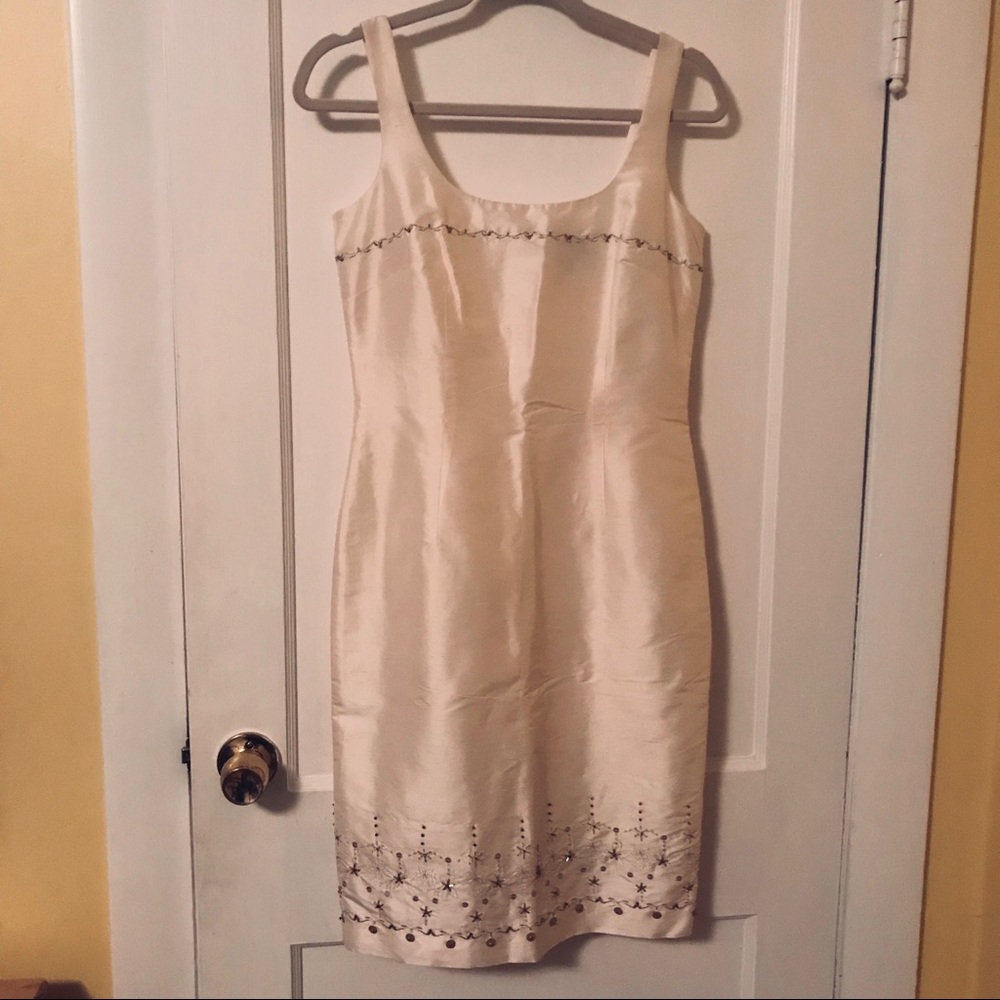 Ann Taylor Silk Cream Sleeveless Embellished Midi Dress